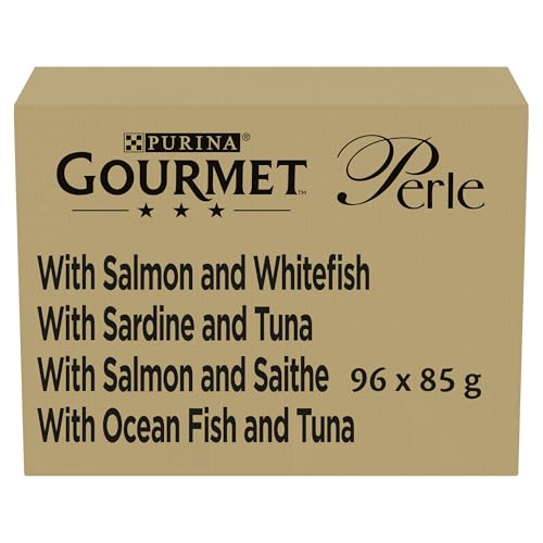 Purina Gourmet Perlen in feuchter Sauce Katzen mit Lachs, Sardinen, Kabeljau, Meeresfisch, 96 Beutel à 85 g von Gourmet