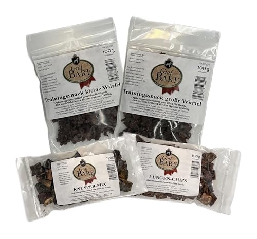 Graf Barf Leckerlibox Trainieren (1xTrainingssnack Würfel, 1xTrainingssnack gr. Würfel, 1xKnusper-Mix., 1xKnusper Lungenchips)- insgesamt 640g von Graf BARF