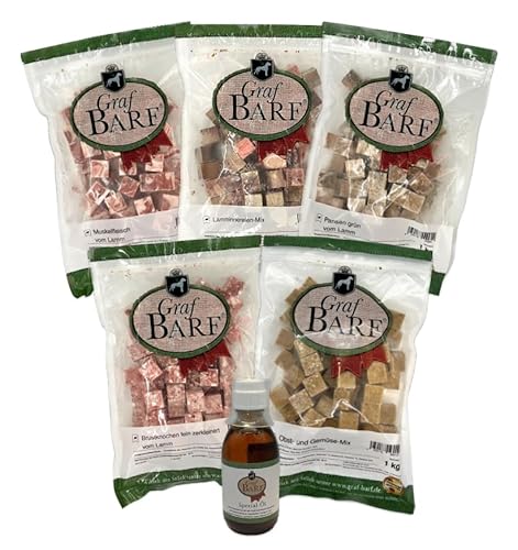 Graf Barf Vorteilspaket vom Lamm (5xMuskelfleisch, 2xPansen grün, 1xInnereien-Mix, 1xKnochen fein zerkl., 1xObst-&Gemüse-Mix, 1xSpezial Öl 200ml)-10kg von Graf BARF