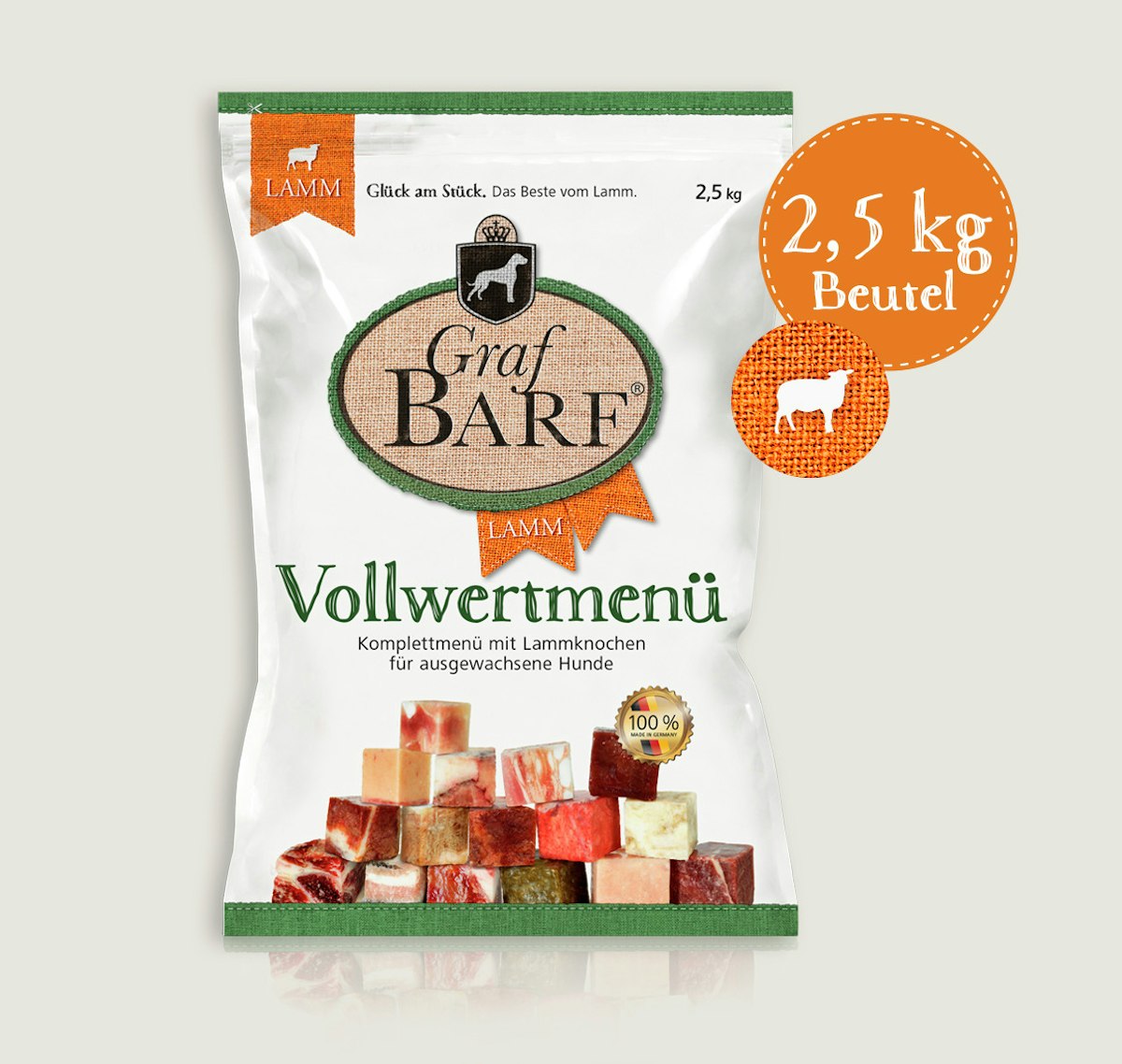 Graf Barf Vollwertmenü Lamm Spezialfutter / Frostfutter für Hunde Sparpaket 8 x 2,5 Kilogramm