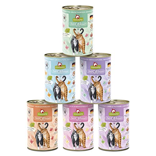 GranataPet DeliCatessen Multipack 1, 6 x 400 g, Nassfutter für Katzen im Probierpaket, Alleinfuttermittel ohne Getreide, Katzenfutter mit hohem Fleischanteil & hochwertigen Ölen von GranataPet
