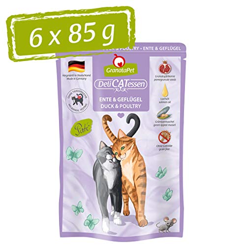 GranataPet Delicatessen Ente & Geflügel, 6 x 85 g, Nassfutter für Katzen, Katzenfutter für Feinschmecker, Futter ohne Getreide & ohne Zuckerzusätze von GranataPet