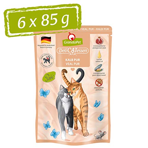 GranataPet Delicatessen Kalb PUR, 6 x 85 g, Nassfutter für Katzen, Futter ohne Getreide & ohne Zuckerzusätze, Katzenfutter mit hohem Fleischanteil & hochwertigen Ölen von GranataPet