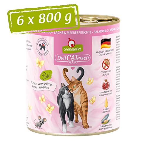 GranataPet DeliCatessen Lachs & Meeresfrüchte, Nassfutter für Katzen, Katzenfutter für Feinschmecker, Futter ohne Getreide & ohne Zuckerzusätze, 6 x 800 g von GranataPet