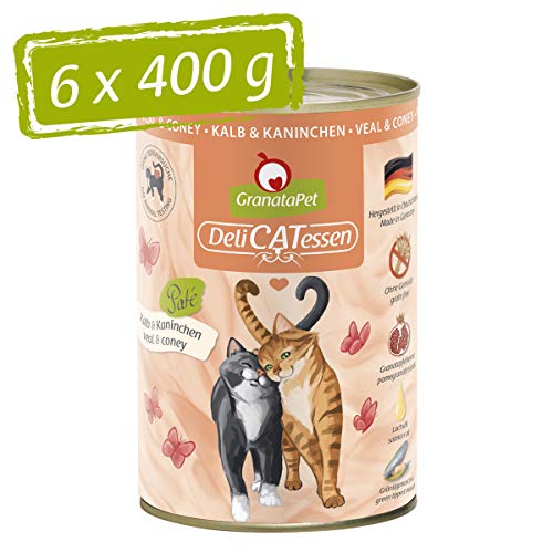 GranataPet DeliCatessen Kalb & Kaninchen, Nassfutter für Katzen, Katzenfutter für Feinschmecker, Futter ohne Getreide & ohne Zuckerzusätze, 6 x 400 g von GranataPet