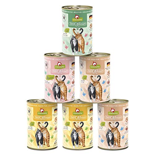 GranataPet Delicatessen Multipack PUR, 6 x 400 g, Nassfutter für Katzen im Probierpaket, Alleinfuttermittel ohne Getreide, Katzenfutter mit hohem Fleischanteil & hochwertigen Ölen von GranataPet