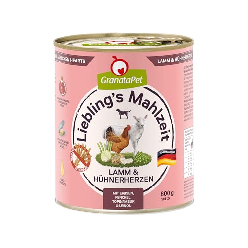 GranataPet Liebling's Mahlzeit Lamm & Hühnerherzen, 6 x 800 g, Nassfutter für Hunde, Hundefutter ohne Getreide & ohne Zuckerzusätze, Alleinfuttermittel mit hohem Fleischanteil & hochwertigen Ölen von GranataPet