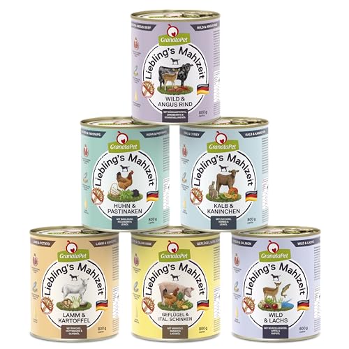 GranataPet Liebling's Mahlzeit Multipack 1, 6 x 800 g, Nassfutter für Hunde im Probierpaket, Alleinfuttermittel ohne Getreide, Hundefutter mit hohem Fleischanteil & hochwertigen Ölen von GranataPet