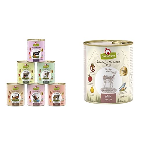 GranataPet Liebling's Mahlzeit Multipack 2, Nassfutter für Hunde im Probierpaket, 6 x 800 g & Liebling's Mahlzeit Wild PUR, Nassfutter für Hunde, Hundefutter ohne Getreide & Zuckerzusätze, 6 x 800 g von GranataPet