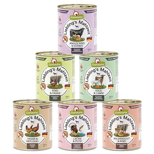 GranataPet Liebling's Mahlzeit Multipack 2, 6 x 800 g, Nassfutter für Hunde im Probierpaket, Alleinfuttermittel ohne Getreide, Hundefutter mit hohem Fleischanteil & hochwertigen Ölen von GranataPet