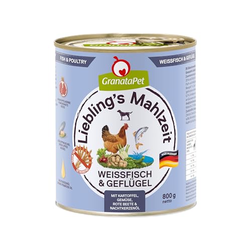 GranataPet Liebling's Mahlzeit Weißfisch & Geflügel, 6 x 800 g, Nassfutter für Hunde, Hundefutter ohne Getreide & ohne Zuckerzusätze, Alleinfuttermittel mit hohem Fleischanteil & hochwertigen Ölen von GranataPet