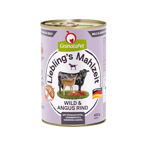 GranataPet Liebling's Mahlzeit Wild & Angus Rind, 6 x 400 g, Nassfutter für Hunde, Hundefutter ohne Getreide & ohne Zuckerzusätze, Alleinfuttermittel mit hohem Fleischanteil & hochwertigen Ölen von GranataPet