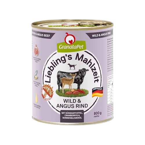 GranataPet Liebling's Mahlzeit Wild & Angus Rind, 6 x 800 g, Nassfutter für Hunde, Hundefutter ohne Getreide & ohne Zuckerzusätze, Alleinfuttermittel mit hohem Fleischanteil & hochwertigen Ölen von GranataPet
