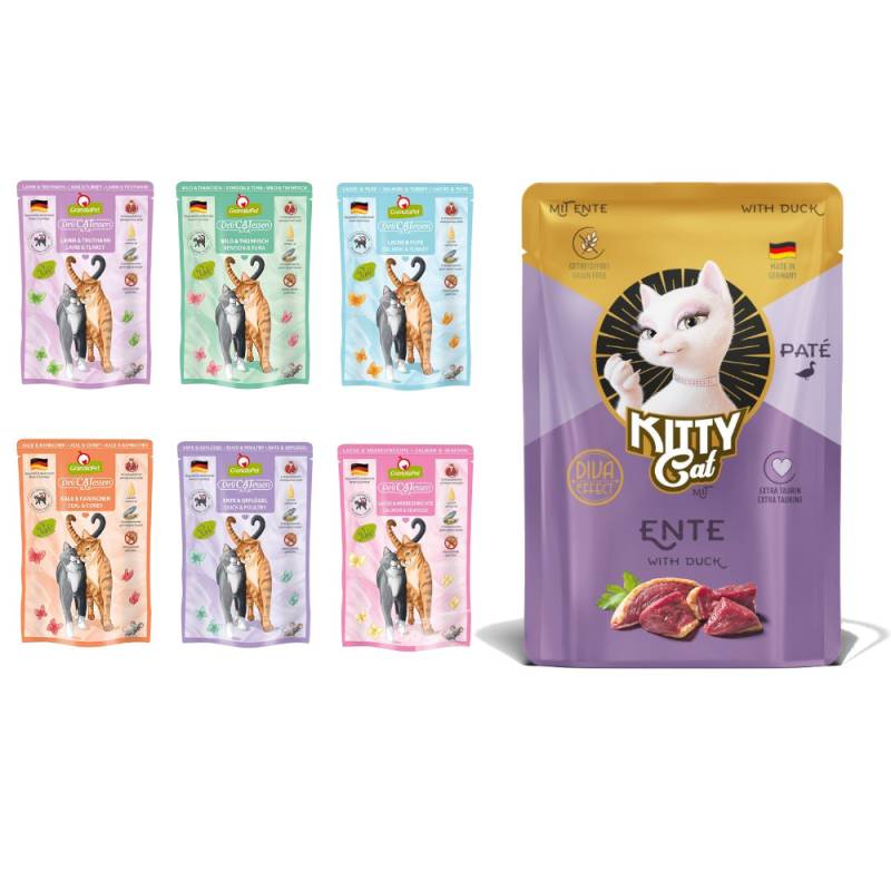 6 x 85 g GranataPet DeliCatessen Pouch + 85 g KITTY Cat Paté Ente gratis!  - Probierpaket 1 von Granatapet
