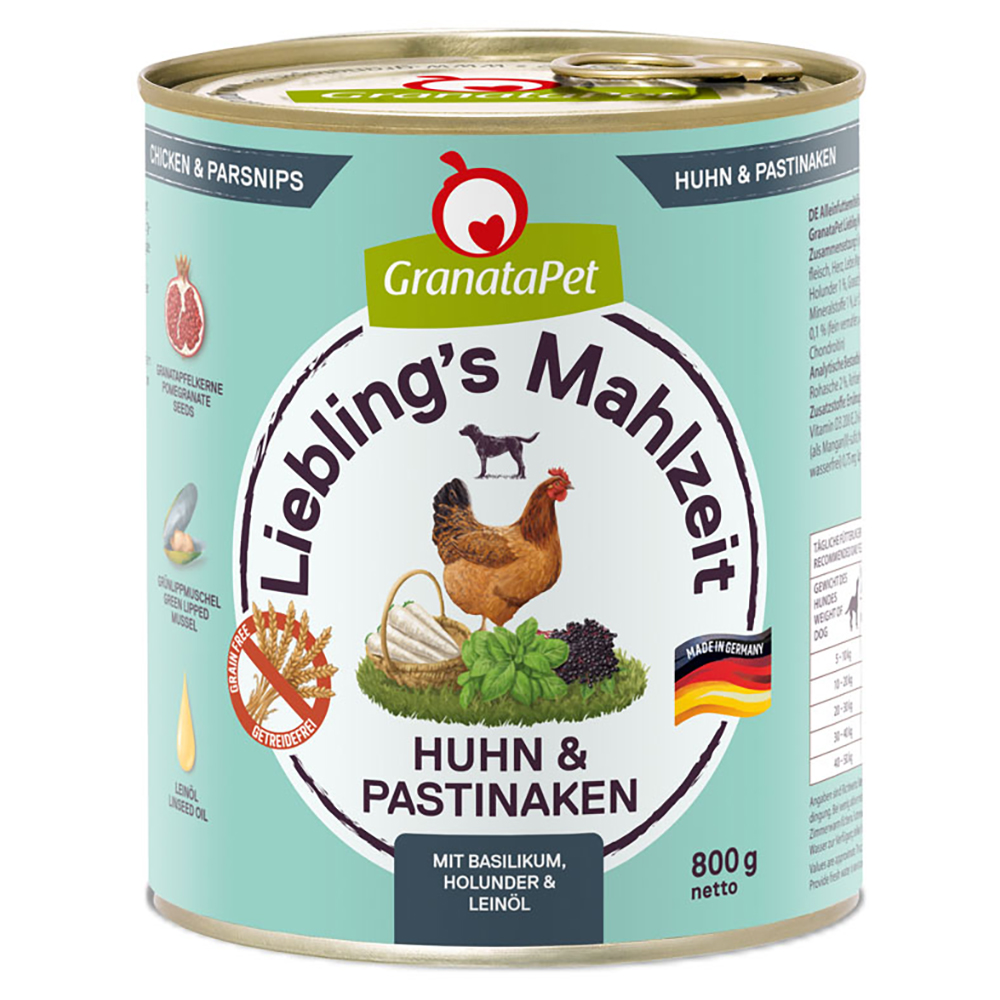 Sparpaket GranataPet Liebling's Mahlzeit 12 x 800 g - Huhn mit Pastinaken, Basilikum, Holunder & Leinöl von Granatapet