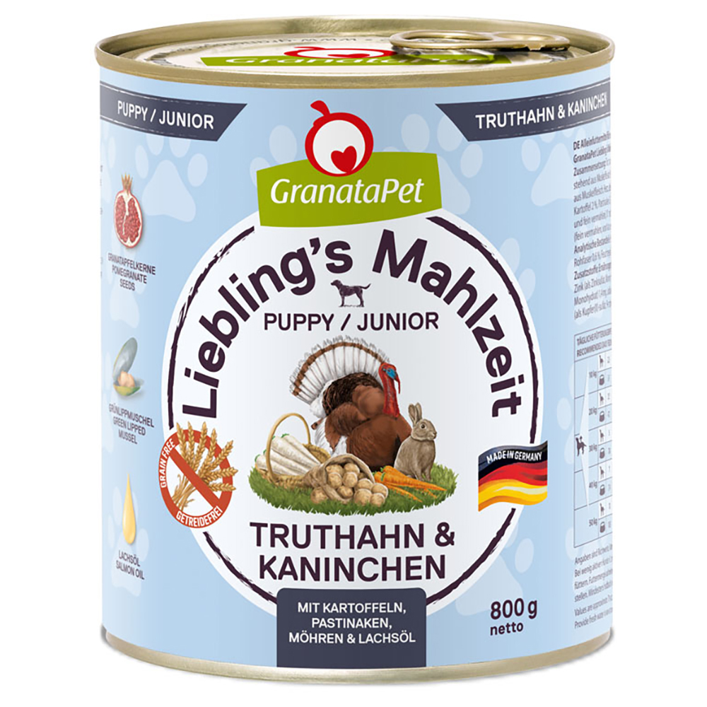 Sparpaket GranataPet Liebling's Mahlzeit 12 x 800 g - Junior Truthahn & Kaninchen mit Kartoffel, Pastinaken & Lachsöl von Granatapet