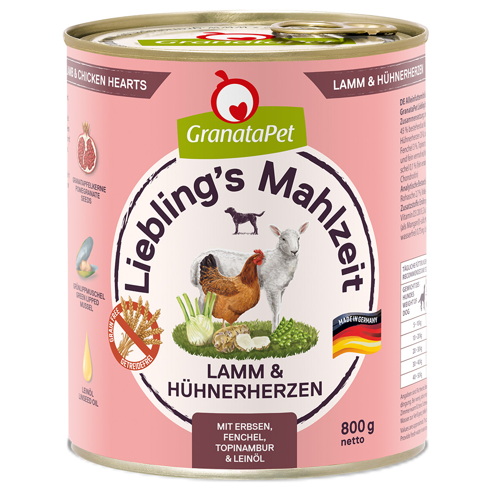 Sparpaket GranataPet Liebling's Mahlzeit 12 x 800 g - Lamm & Hühnerherzen von Granatapet