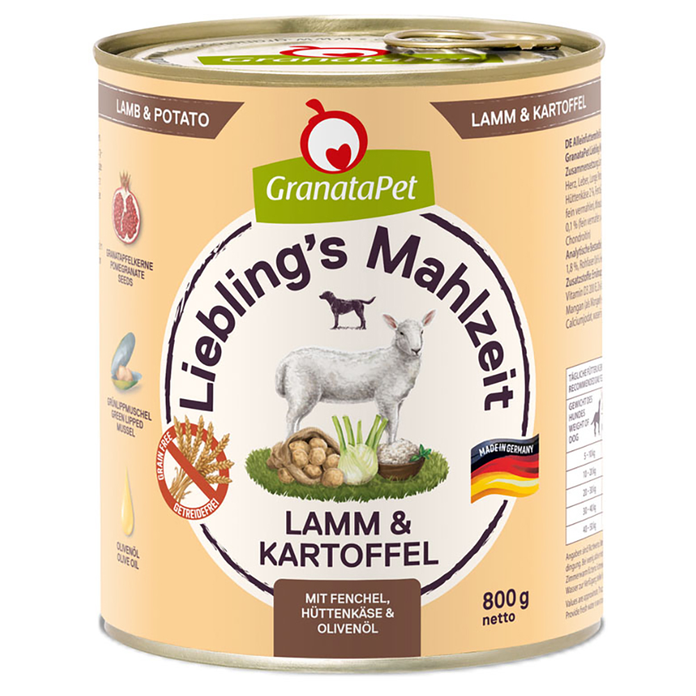 Sparpaket GranataPet Liebling's Mahlzeit 12 x 800 g - Lamm & Kartoffel mit Fenchel, Hüttenkäse und Olivenöl von Granatapet