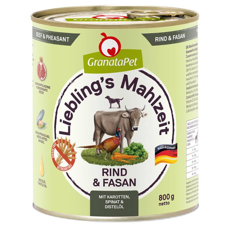 Sparpaket GranataPet Liebling's Mahlzeit 12 x 800 g - Rind & Fasan mit Karotten, Spinat und Distelöl von Granatapet