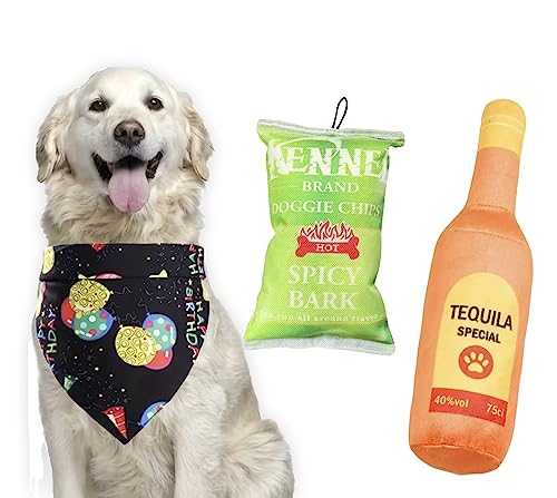 GRANDA Hundegeburtstagsgeschenk-Set, 3 Stück PSC/Geburtstags-Hundehalstuch, Flasche mit lustigem Alkohol-Quietschspielzeug und Tasche mit lustigen Chips, Hundespielzeug/für mittelgroße und große Hunde von Granda