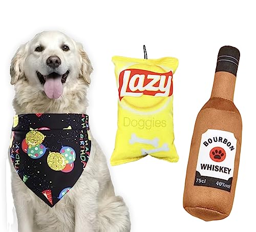 GRANDA Hundegeburtstagsgeschenk-Set, 3 Stück PSC/Geburtstags-Hundehalstuch, Flasche mit lustigem Alkohol-Quietschspielzeug und Tasche mit lustigen Chips, Hundespielzeug/für mittelgroße und große Hunde von Granda