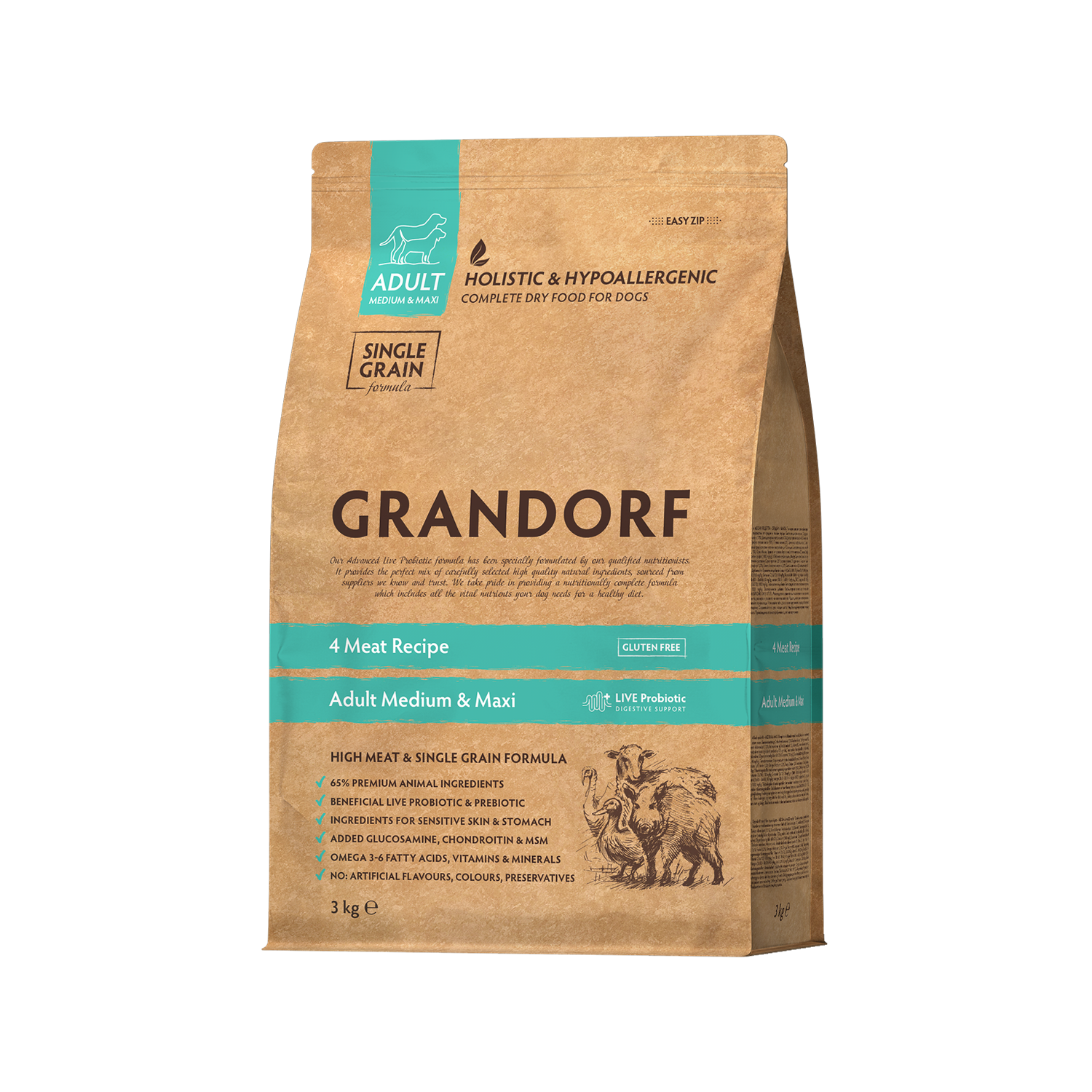 Grandorf Medium & Maxi Breeds Adult - 4 Meat - 3 kg von Grandorf