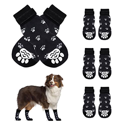 Grantop 4 Paar Indoor Anti-Rutsch Socken für Hunde，Anti Slip Paw Protectoren Hundesocken，Antirutschsocken Hund Mit Klettverschluss für den Innenbereich auf Hartholzböden (L, Schwarz) von Grantop