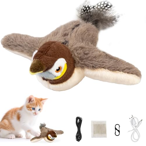 Grantop Interaktives Katzenspielzeug Vogel,USB-Aufladbar Elektrisches Katzenspielzeug mit Katzenminze,Selbstbeschäftigung Zwitscherndes Plüsch-Spielzeug für Katzen,Flapping Bird Toy für Stressabbau von Grantop