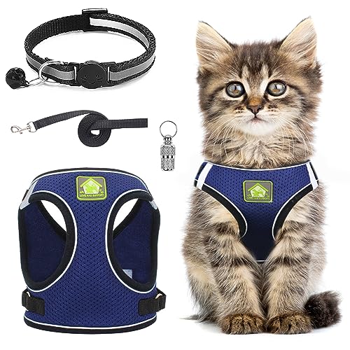 Katzengeschirr und Leine, verstellbar, reflektierend, gestreift, mit Leine, Katzenhalsband, ausbruchsicher, weiches Netzgewebe, Geschirr und Leine für kleine, mittelgroße Katzen und Haustiere von Grantop