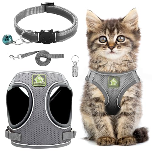 Katzengeschirr und Leine, verstellbar, reflektierend, gestreift, mit Leine, Katzenhalsband, ausbruchsicher, weiches Netzgewebe, Geschirr und Leine für kleine und mittelgroße Katzen Katzengeschirr und Leine, verstellbar, reflektierend, gestreift, mit Leine, Katzenhalsband, ausbruchsicher, weiches Netzgewebe, Geschirr und Leine für kleine und mittelgroße Katzen von Grantop