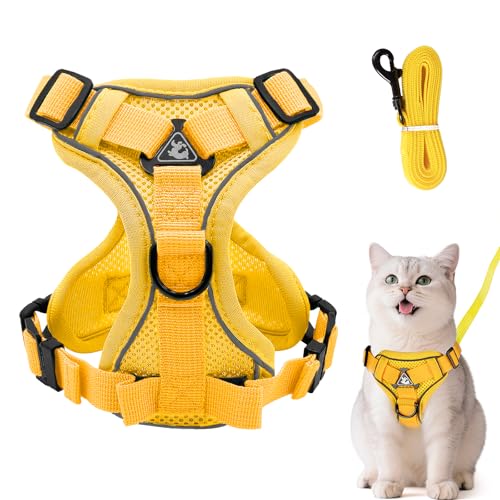 Verstellbares Katzengeschirr Ausbruchsicher, Katzengeschirr mit Leine Set, Softgeschirr für Katze Brustgeschirr für Katzen Kitten Hunde Welpen (Gelb, L) von Grantop