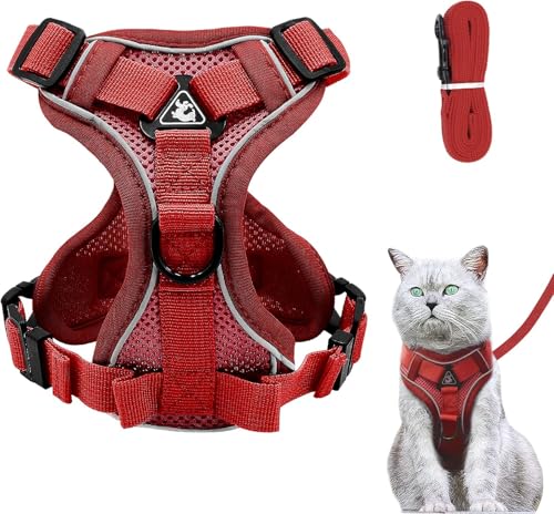 Verstellbares Katzengeschirr Ausbruchsicher, Katzengeschirr mit Leine Set, Softgeschirr für Katze Brustgeschirr für Katzen Kitten Hunde Welpen (Rot, XS) von Grantop