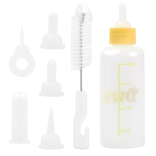 Granvoo Aufzuchtflasche Hundewelpen, Milchflasche Pet 60ml, Kleine Babyflasche für Katzen, Fütterungswerkzeug für Haustiere mit Mini Ersatz Silikon Nippel (Gelb) von Granvoo