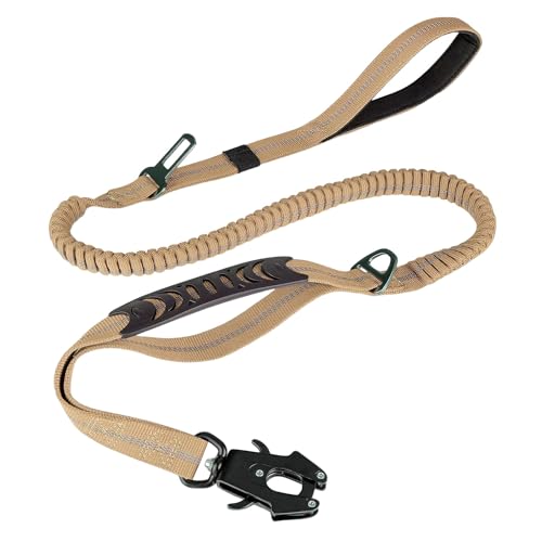 Graootoly Strapazierfähige Hundeleine, 1,2 - 1,8 m, stoßdämpfende Bungee-Hundeleine + 2 gepolsterte Griffe, Metall-Karabiner-Clip, Auto-Sicherheitsgurt, Khaki, langlebig, einfache Installation von Graootoly