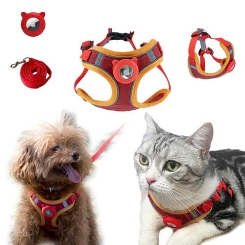 Airtag Katzengeschirr und Leine, weiches Nylon, verstellbar, ausbruchsicher, reflektierend, Rot, Größe M von Graphikon