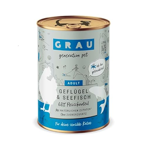 GRAU – das Original – Nassfutter für Katzen - Geflügel & Seefisch, 6er Pack (6 x 400 g), getreidefrei, für erwachsene Katzen von Grau