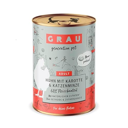 GRAU – das Original – Nassfutter für Katzen - Huhn mit Karotte & Katzenminze, 6er Pack (6 x 400 g), Monoprotein, getreidefrei, für erwachsene Katzen von Grau