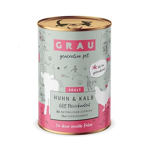 GRAU – das Original – Nassfutter für Katzen - Huhn & Kalb, 6er Pack (6 x 400 g), getreidefrei, für Erwachsene Katzen von Grau