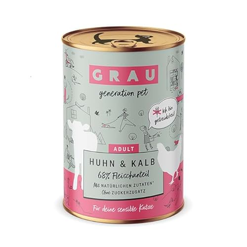 GRAU – das Original – Nassfutter für Katzen - Huhn & Kalb, 6er Pack (6 x 400 g), getreidefrei, für erwachsene Katzen von Grau