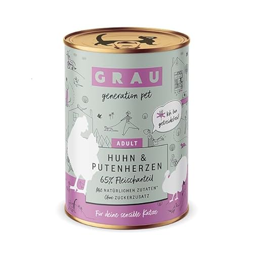 GRAU – das Original – Nassfutter für Katzen - Huhn & Putenherzen, 6er Pack (6 x 400 g), getreidefrei, für erwachsene Katzen von Grau