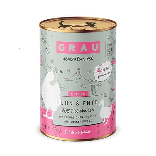 GRAU – das Original – Nassfutter für Katzen - Kitten - Huhn & Ente, 6er Pack (6 x 400 g), getreidefrei, für Kitten von Grau