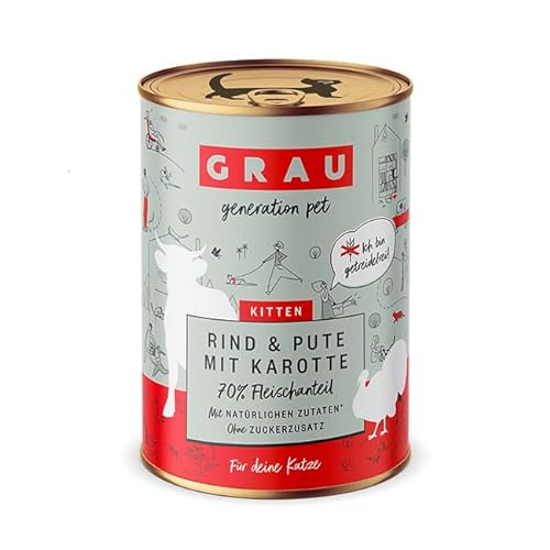 GRAU – das Original – Nassfutter für Katzen - Kitten - Rind, Pute & Karotte, 6er Pack (6 x 400 g), getreidefrei, für Kitten von Grau