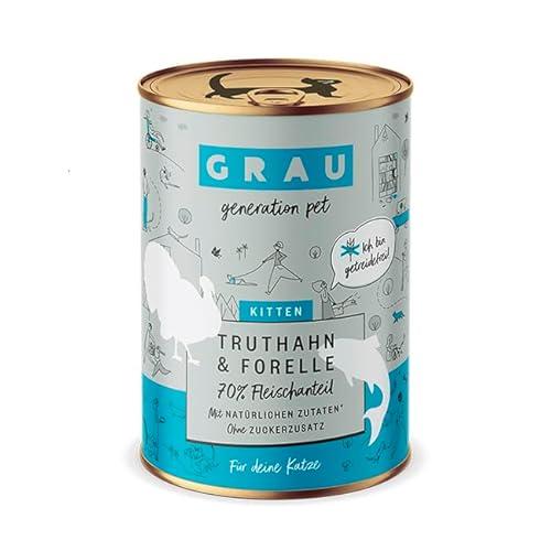 GRAU – das Original – Nassfutter für Katzen - Kitten - Truthahn & Forelle, 6er Pack (6 x 400 g), getreidefrei, für Kitten von Grau