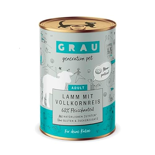 GRAU – das Original – Nassfutter für Katzen - Lamm mit Vollkornreis, 6er Pack (6 x 400 g), glutenfrei, für Erwachsene Katzen von Grau