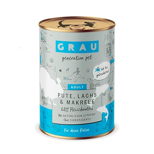GRAU – das Original – Nassfutter für Katzen - Pute, Lachs, Makrele, 6er Pack (6 x 400 g), getreidefrei, für erwachsene Katzen von Grau