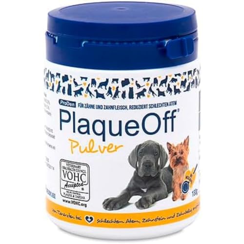 GRAU - das Original - PlaqueOff für Hund, natürliches Zahnpflegepulver, schützt vor schlechtem Atem, unterstützt bei Zahnstein und Zahnbelag, 1er Pack (1 x 180 g), Ergänzunsfuttermittel für Hunde von Grau