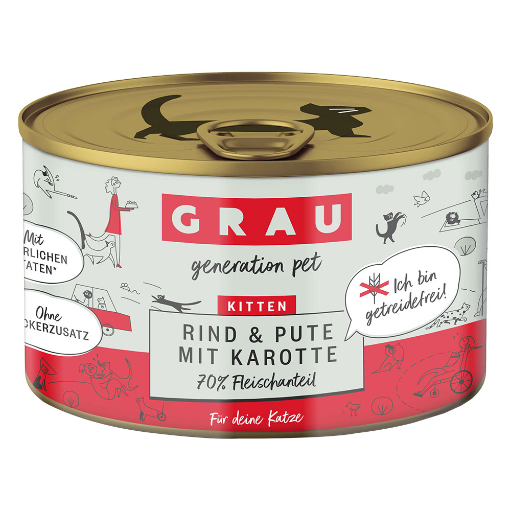 Sparpaket GRAU Kitten Getreidefrei 24 x 200 g - Rind, Pute & Karotten von Grau