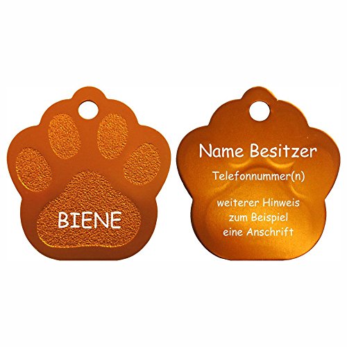 Hundemarke Pfote mit Gravur auf beiden Seiten (M (33x35mm), orange) von GravoTech