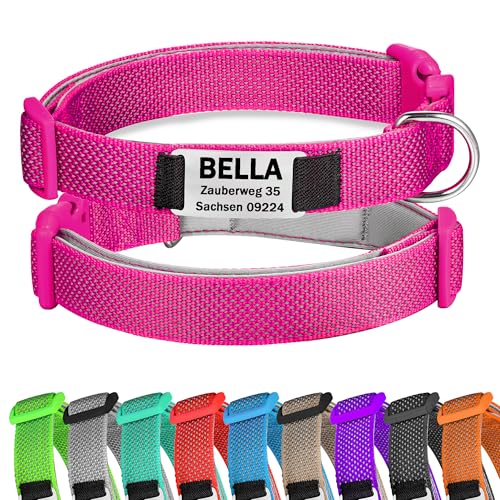Fuchsie Hundehalsband Reflektierendes gepolstertes Nylon verstellbar mit Schnalle Personalisiert mit Namen und Telefonnummer für kleine Hunde, S von Gredstar
