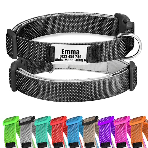 Schwarz Hundehalsband Reflektierendes gepolstertes Nylon verstellbar mit Schnalle Personalisiert mit Namen und Telefonnummer für große Hunde, XL von Gredstar